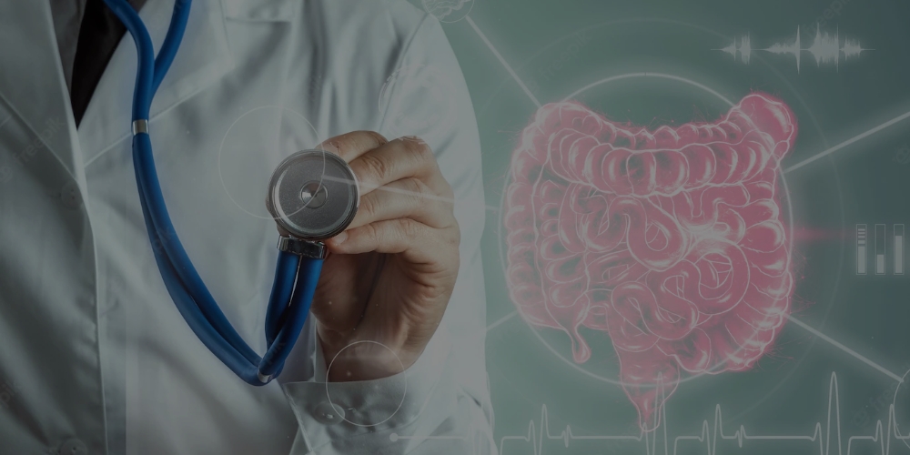 a imagem mostra o desenho de um intestino e ao lado o tronco de um médico segurando um estetoscópio